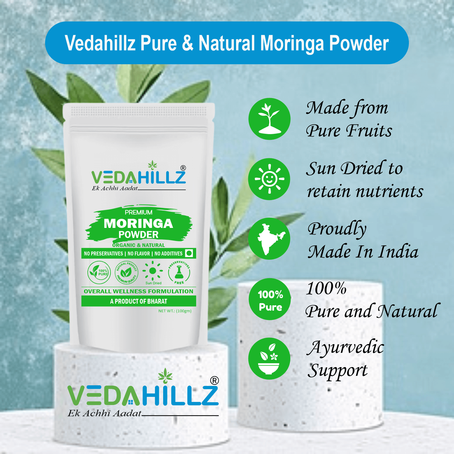 Vedahillz Moringa Powder Made from Carefully Selected Moringa Leaves
